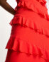 Little Mistress – Wadenlanges Kleid in Rot mit Carmen-Ausschnitt und Rüschendetail