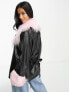 ASOS DESIGN Petite borg cuff faux leather jacket in black & pink