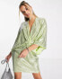 Flounce London plunge front mini dress with drop sleeves in lime metallic sparkle