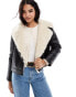 Stradivarius STR faux leather aviator jacket with faux fur detail in black