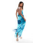 Фото #3 товара ASOS DESIGN mesh v-neck full maxi skirt with asymmetric hem in aqua floral print