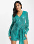 NaaNaa sequin long sleeve dress with tie detail in teal