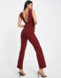 ASOS DESIGN plunge twill jumpsuit with self belt in washed red