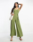 Фото #4 товара Miss Selfridge belted sweetheart neck wide leg jumpsuit in khaki