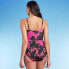 Women's High Neck Keyhole One Piece Swimsuit - Aqua Green Pink Floral Print L