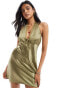 Фото #2 товара Miss Selfridge satin lace trim halter mini dress in khaki