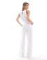 Mango linen mix tie waist jumpsuit in white