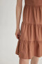 Kare Yaka Keten Görünümlü Askılı Volanlı Mini %100 Pamuk Elbise A6462ax23sm