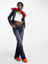 COLLUSION Y2K wash cropped denim jacket co-ord with detachable red fur trim in dark blue