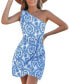 ფოტო #1 პროდუქტის Women's Blue Ornate Sleeveless One-Shoulder Wrap Mini Beach Dress