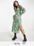 Pieces Petite exclusive v neck puff sleeve midi dress in green floral