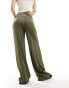 Noisy May wide leg satin trousers with asymmetric waistband in khaki