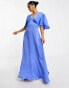 Фото #6 товара Flounce London Petite satin flutter sleeve maxi dress with plunge front in blue