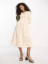 Y.A.S shirred bodice smock midi dress with floral embroidery in cream