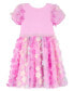 Little Girls Solid Rib Bodice with 3D Flower Skirt and Puff Sleeves Dress