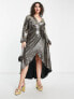 Фото #7 товара Flounce London Plus long sleeve wrap maxi dress in gold metallic sparkle