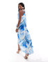 ASOS DESIGN satin plunge front maxi dress with hardware detail in blue abstract print