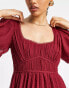 Фото #6 товара ASOS DESIGN Petite puff sleeve pleated dobby midi dress with scallop trim in burgundy