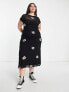 ASOS DESIGN Curve mesh midi dress with floral embroidery in black