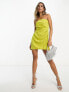 Фото #1 товара ASOS DESIGN satin bandeau mini dress with gathered waist detail in chartreuse