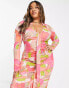 ASOS DESIGN Curve sash ruche front shirt midi dress in pink abstract print