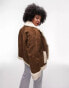 Topshop Curve faux shearling car coat in chocolate