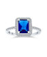 3CT AAA CZ Pave Band Rectangle Solitaire Halo Blue Simulated Sapphire Emerald Cut Engagement Ring For Women .925 Sterling Silver