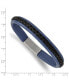 Фото #2 товара Stainless Steel Polished Blue and Black Faux Leather Bracelet