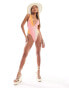 Simmi plunge cross back strappy tie waist swimsuit in pink and orange ombre