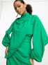 Фото #3 товара ASOS DESIGN drape shoulder balloon sleeve maxi dress in washed twill in pop green