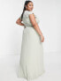 TFNC Plus Bridesmaid flutter sleeve ruffle detail maxi dress in sage green