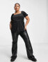 Simply Be velour ruched sleeve peplum top in black