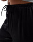 Bershka tie waist wide leg satin trousers in black