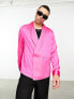 ASOS DESIGN long sleeve double breasted satin shirt with shawl collar in neon pink