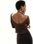 COLLUSION long sleeve slash neck shimmer top in brown M - фото #5