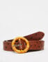 ASOS DESIGN faux leather belt in ostrich skin texture with wooden buckle