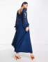 ASOS DESIGN Tall embroidered lace insert pleated midi dress with long sleeves in navy