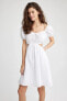 A Kesim V Yaka Keten Görünümlü Kısa Kollu Beyaz Mini Elbise Y7871az22sm
