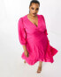 ONLY Curve puff sleeve wrap midi dress in bright pink