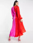 Flounce London satin balloon sleeve ruffle midi dress in contrast pink and red