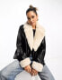 Фото #1 товара River Island biker jacket with contrast faux fur detail in black