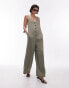 Фото #1 товара Topshop v neck button down knotted strap jumpsuit in khaki