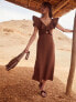 Фото #3 товара Johanna Ortiz 303531 Ruffled Kilimanjaro 100% Linen Dress Brown Size 8