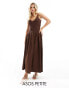 ASOS DESIGN Petite full skirt midi crinkle sundress in chocolate