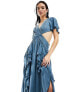 ASOS DESIGN satin ruffle flutter sleeve maxi dress with cut out waist in blue