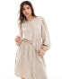 Vila linen touch tie waist mini dress in beige