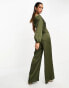 TFNC satin one shoulder jumpsuit in olive