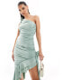 AX Paris slinky ruched corsage ruffle trim one shoulder midaxi dress in sage green Entenei, 34 - фото #3