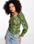 Glamorous ruched front puff sleeve blouse in green check