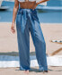 ფოტო #2 პროდუქტის Women's Blue Tie Waist Straight Leg Pants